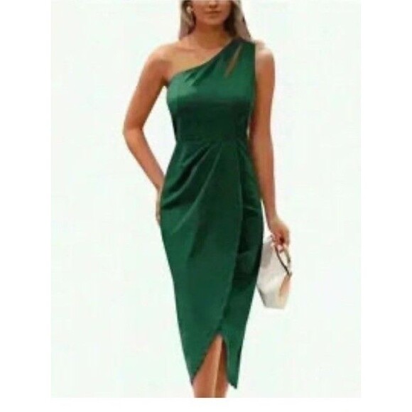 Pretty Garden Ruched One Shoulder Womens L Green Cocktail - Picture 1 of 5